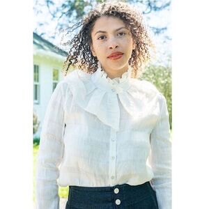 MARIA STANLEY Textured Raw Silk Button Up Ruffle Tie High Neck Long Sleeve Top S